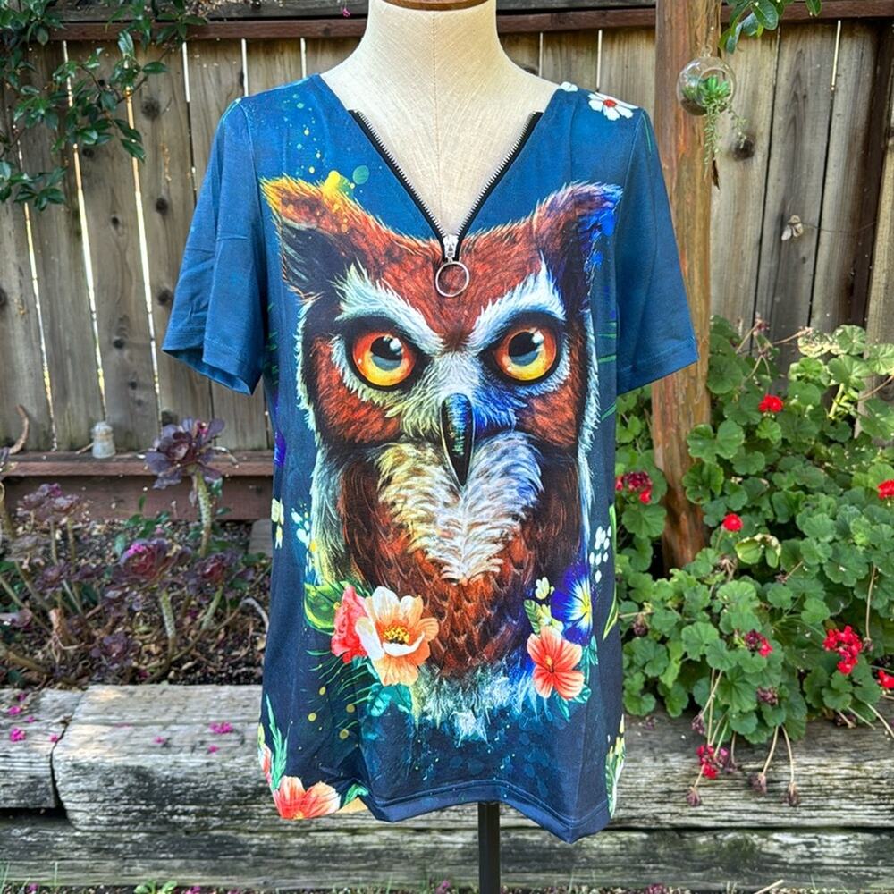 Misslook Horned Owl Graphic Zip Blue Blouse Women's Size Small